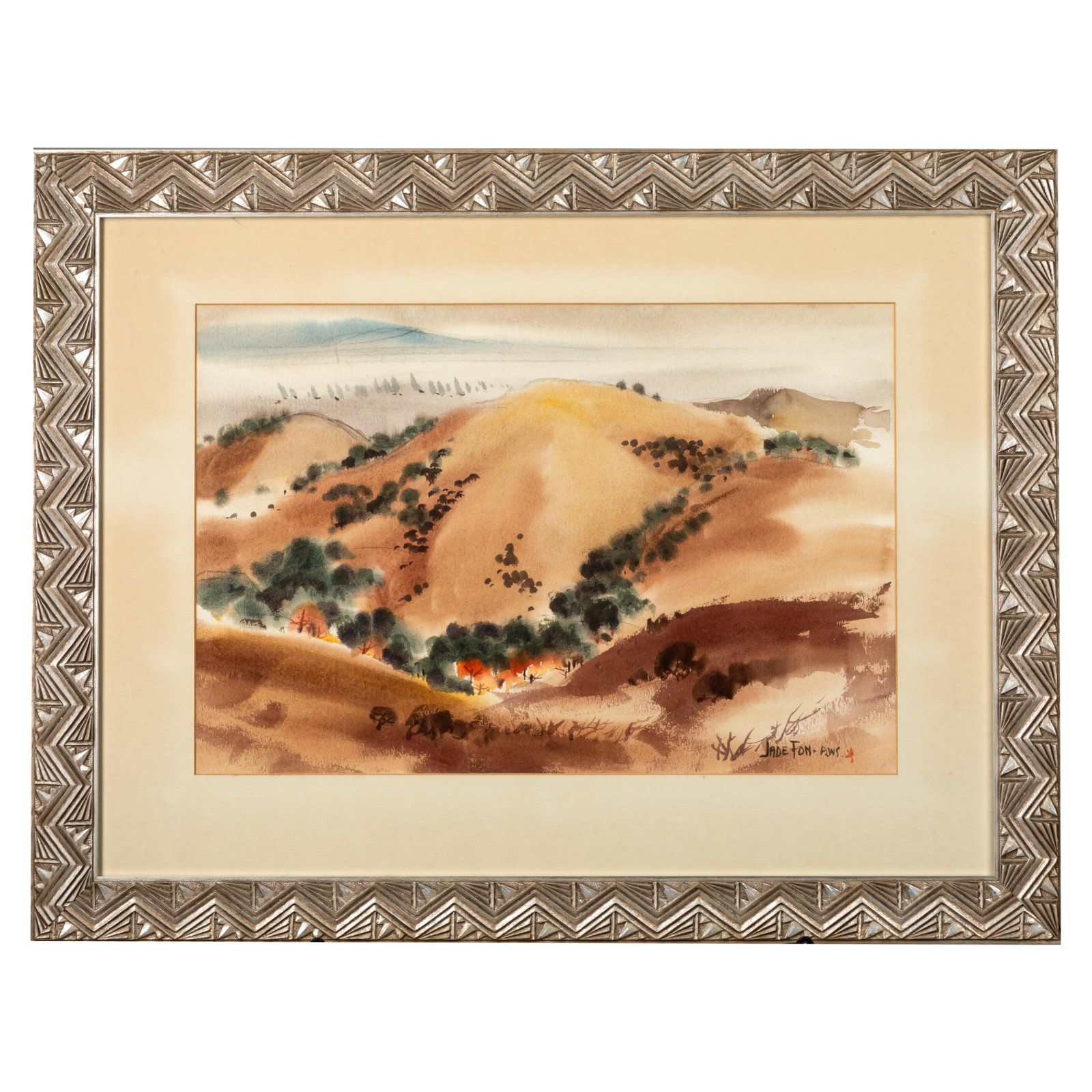 Jade Fon (American 1911-1983): Jade Fon (American 1911-1983)LandscapeWatercolor on paperuntitled21in. x 14in (53cm. x 36cm)Framed: 31in. x 24in (79cm. x 61cm)Provenance: Garzoli Gallery Watercolorist and teacher, Jade Fon (Woo
