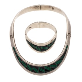 Mexican Malachite, Onyx, Sterling Silver Jewelry Suite