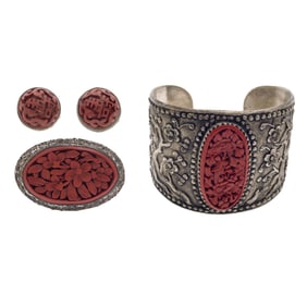 Vintage Chinese Cinnabar, Silver, Silver-Tone Jewelry Suite