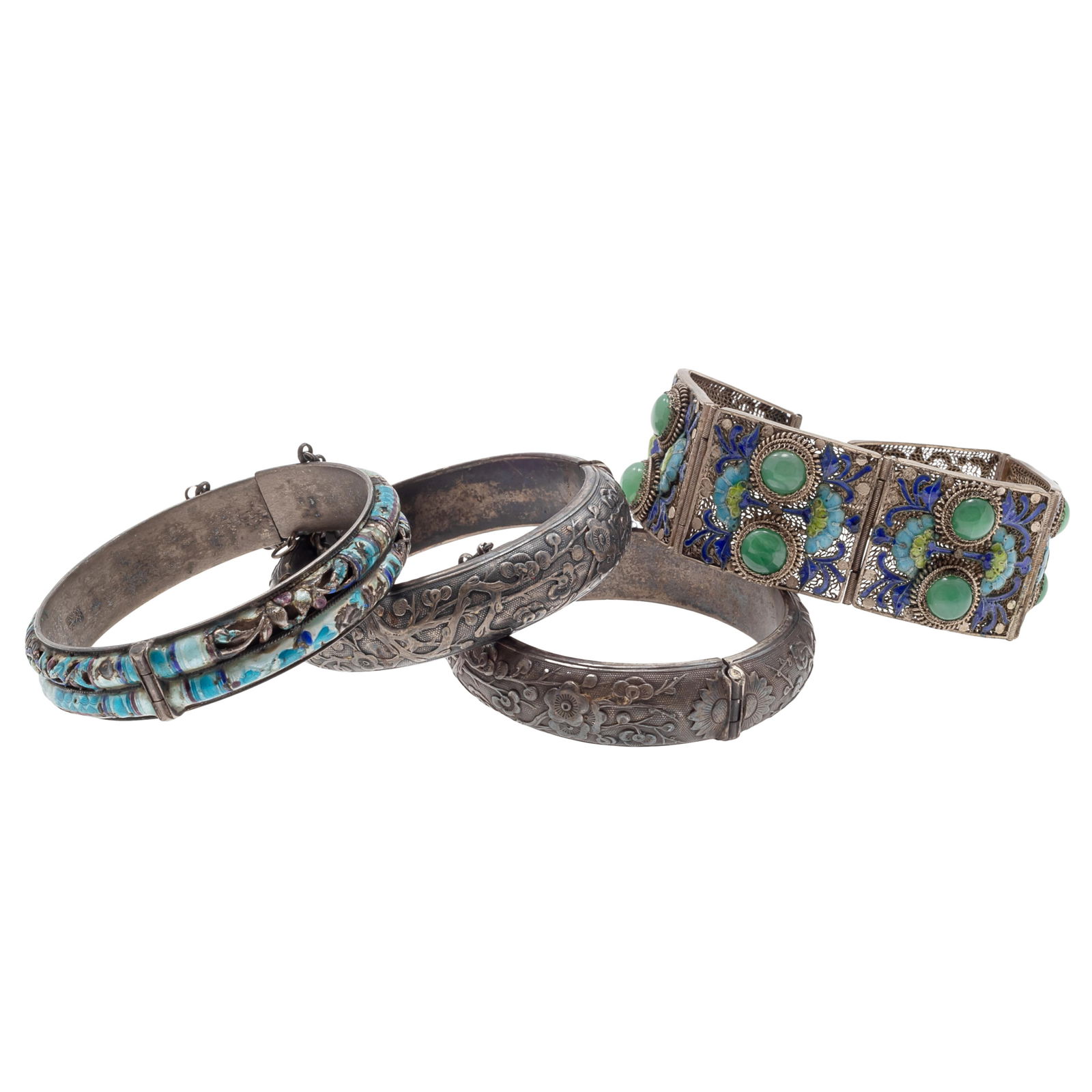 Collection of Chinese Jade, Enamel, Silver Bracelets (1 of 3)