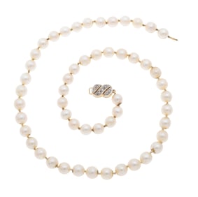 Cultured Pearl, Diamond, 18k Yellow Gold Necklace