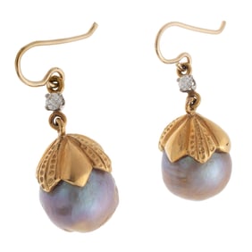 Pair of Cultured Pearl, Diamond, 18k, 14k Earrings