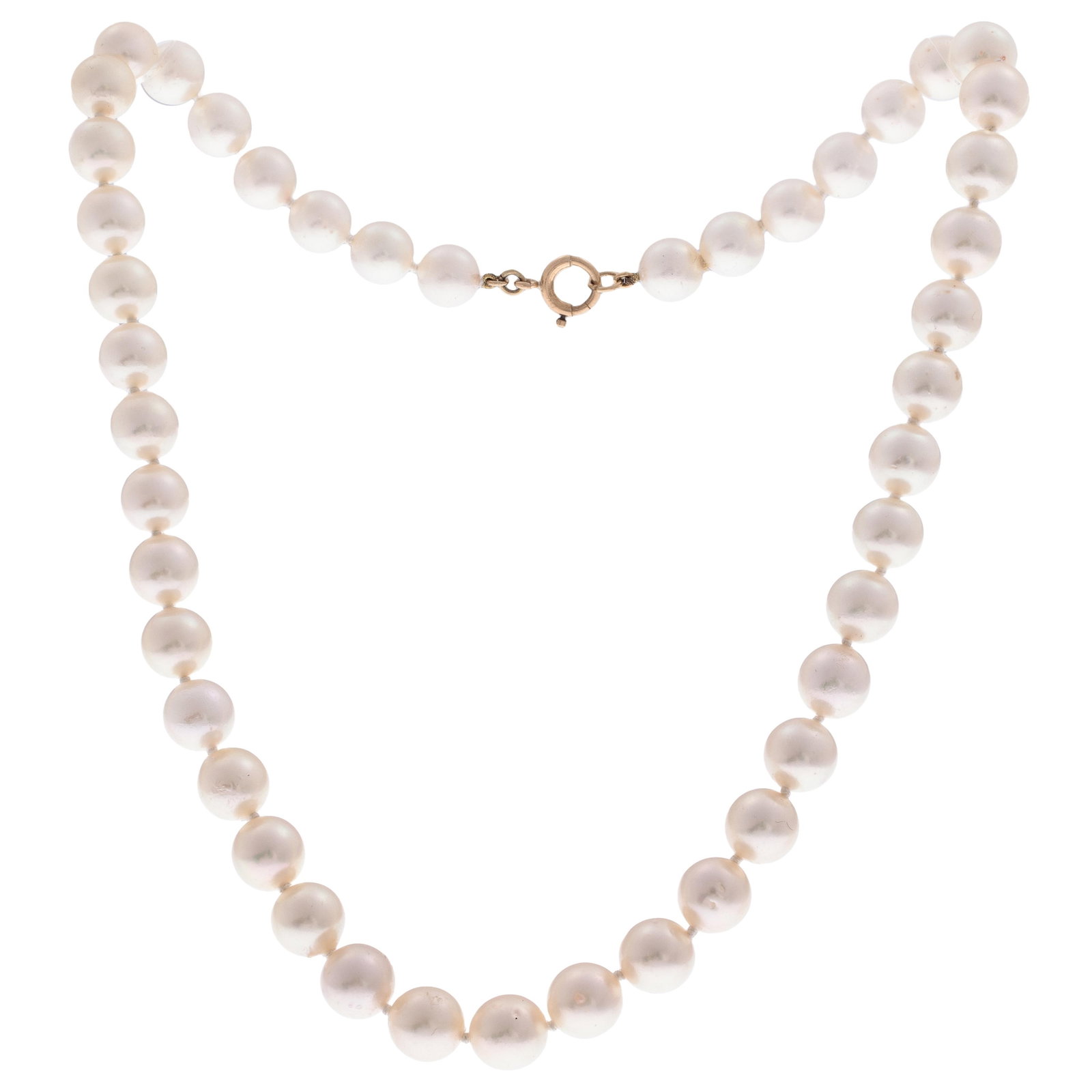 Cultured Pearl, 14k Yellow Gold Necklace: Cultured Pearl, 14k Yellow Gold Necklace Composed of forty-four round cultured pearls, each measuring approximately 8.8 to 8.5 mm, completed by a 14k yellow gold spring ring clasp forming a 17 inch ne
