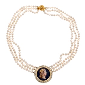 Portrait Miniature, Cultured Pearl, 14k Necklace