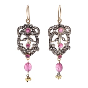 Pair of Diamond, Tourmaline, 14k, Silver Earrings