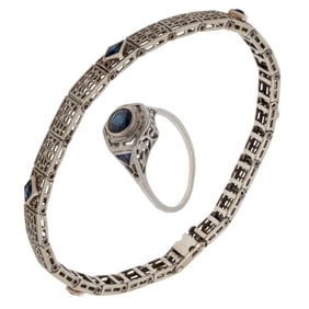 Art Deco Sapphire, Synthetic Sapphire, White Gold Ring and Bracelet