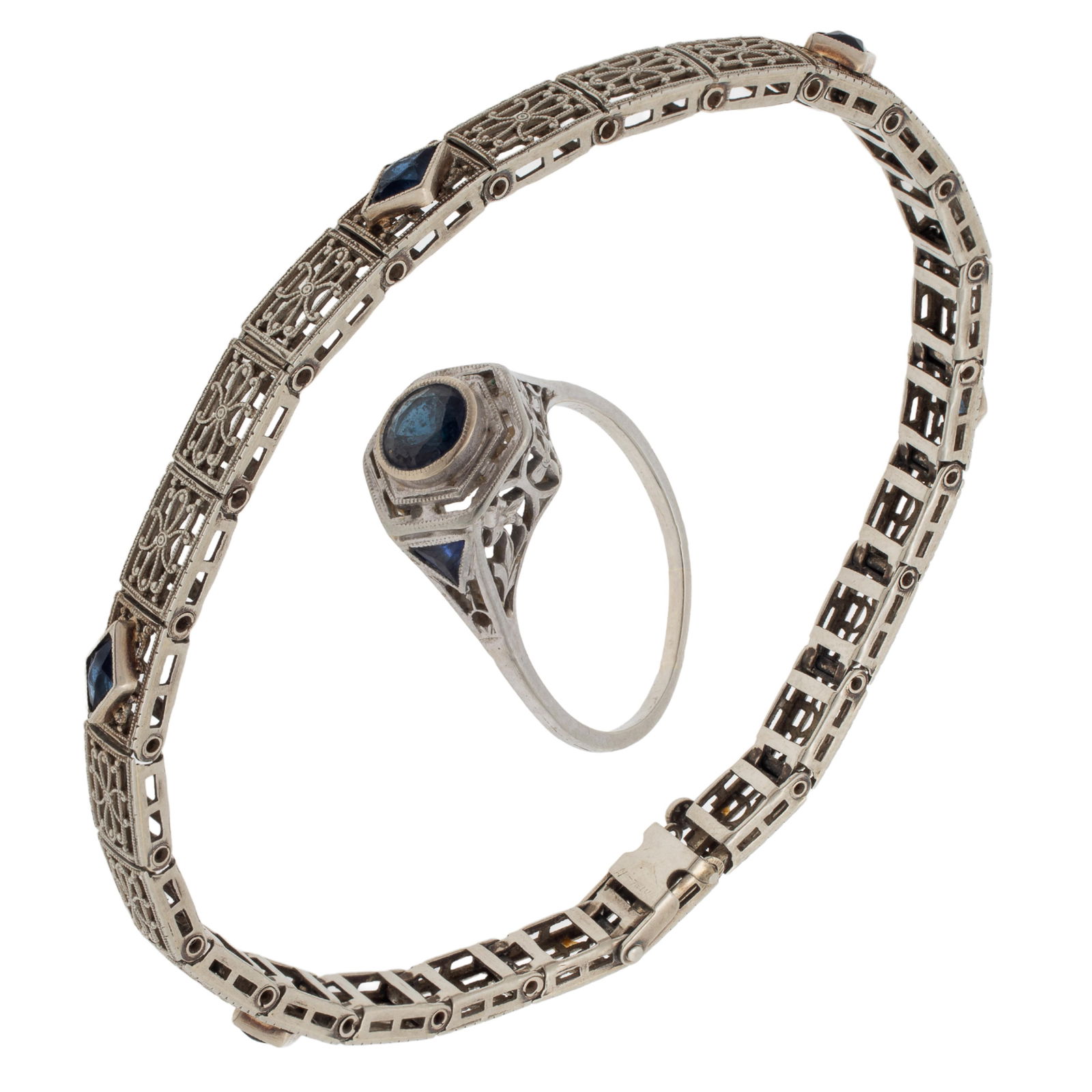 Art Deco Sapphire, Synthetic Sapphire, White Gold Ring and Bracelet (1 of 12)