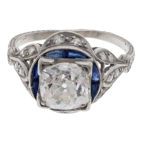 Art Deco Diamond, Synthetic Sapphire, Platinum Ring