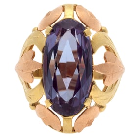 Synthetic Color Change Sapphire, 14k Yellow and Rose Gold Ring