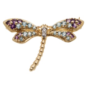 Diamond, Aquamarine, Amethyst, 14k Dragonfly Pin