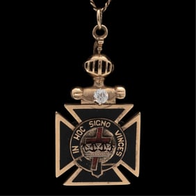 Diamond, Enamel, 14k Masonic Fob Pendant with Gold-Filled Chain