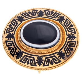 Victorian Banded Agate, Enamel, Mourning Brooch