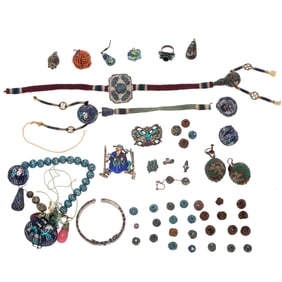 Group of Antique Chinese Enamel Beads, Plaques and Jewelry