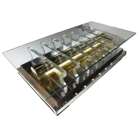 Contemporary Lucite, Glass and Brass Coffee Table