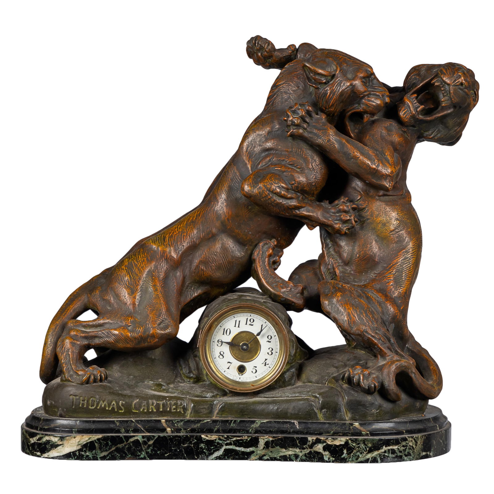 Thomas-Francois Cartier (French 1879-1943) Bronze: Thomas-Francois Cartier (French 1879-1943) BronzeSculpted as a pair of fighting tigers centering a clock inscribed 'Made in France'Signed on base Thomas CartierProperty from a Marin County Estate
