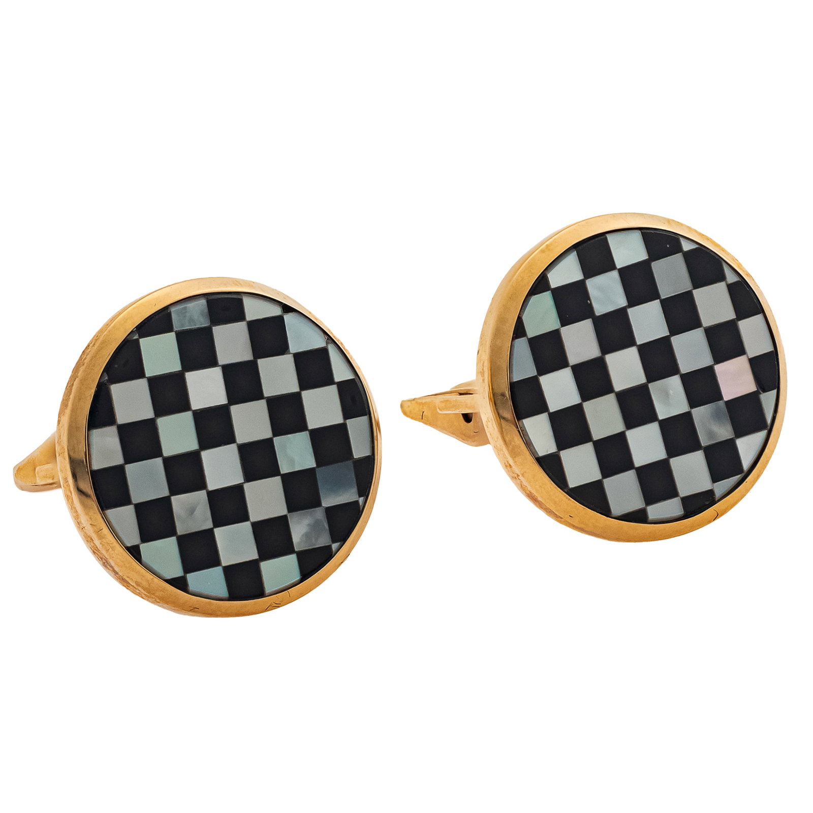 Pair of Onyx, Mother-of-Pearl, 14k Yellow Gold Cufflinks: Pair of Onyx, Mother-of-Pearl, 14k Yellow Gold Cufflinks Each designed as a checkerboard of inlaid mother-of-pearl and onyx, set in a 14k yellow gold cufflink mounting measuring approximately 18.0 mm 
