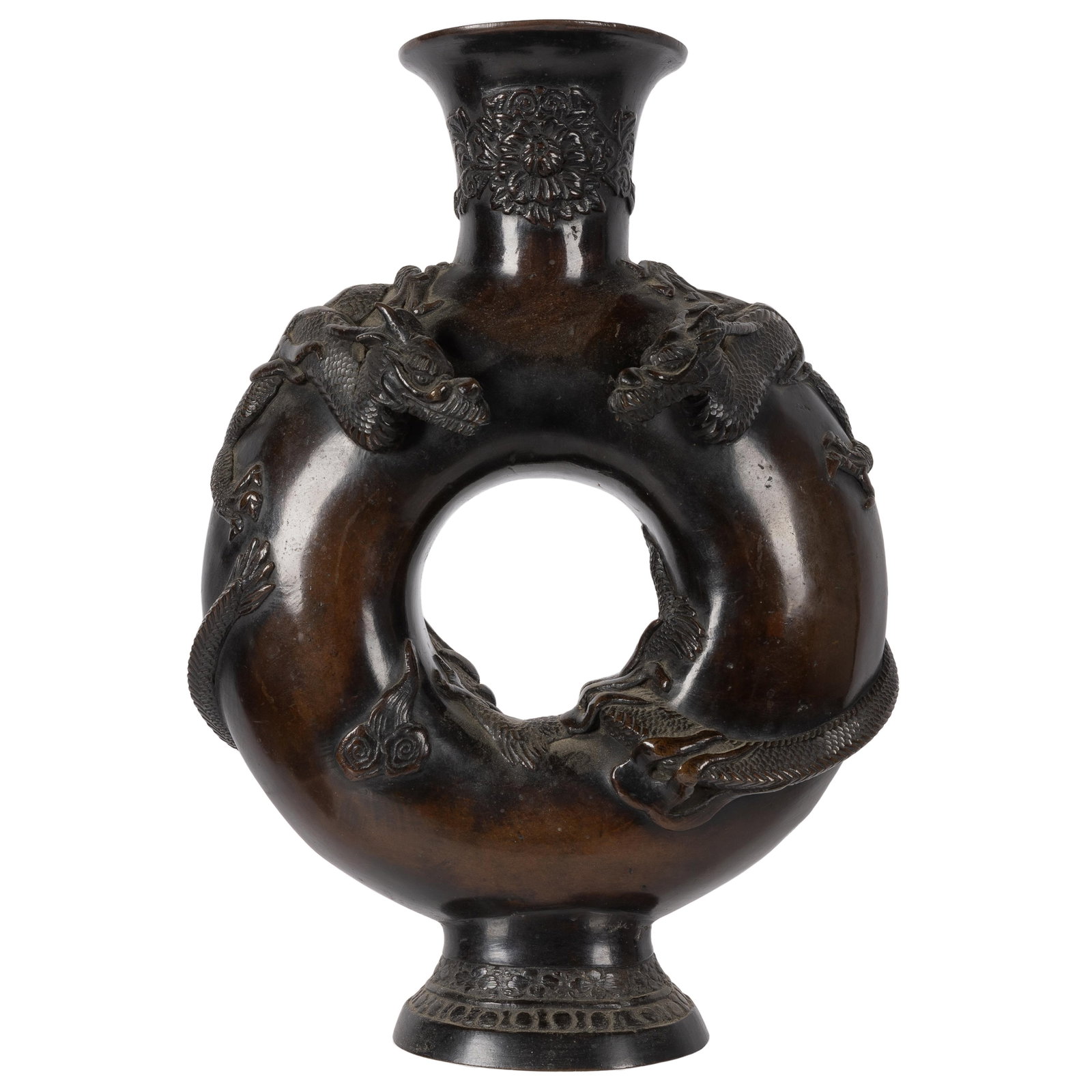 Meiji/Taisho Bronze Vase: Meiji/Taisho Bronze Vase Meiji/Taisho period or later. An unusual toroid shape bronze vase with dragon and chrysanthemum decoration. 13in (33cm.) h. 9 1/2in (24cm) d. From the estate of a Marin County