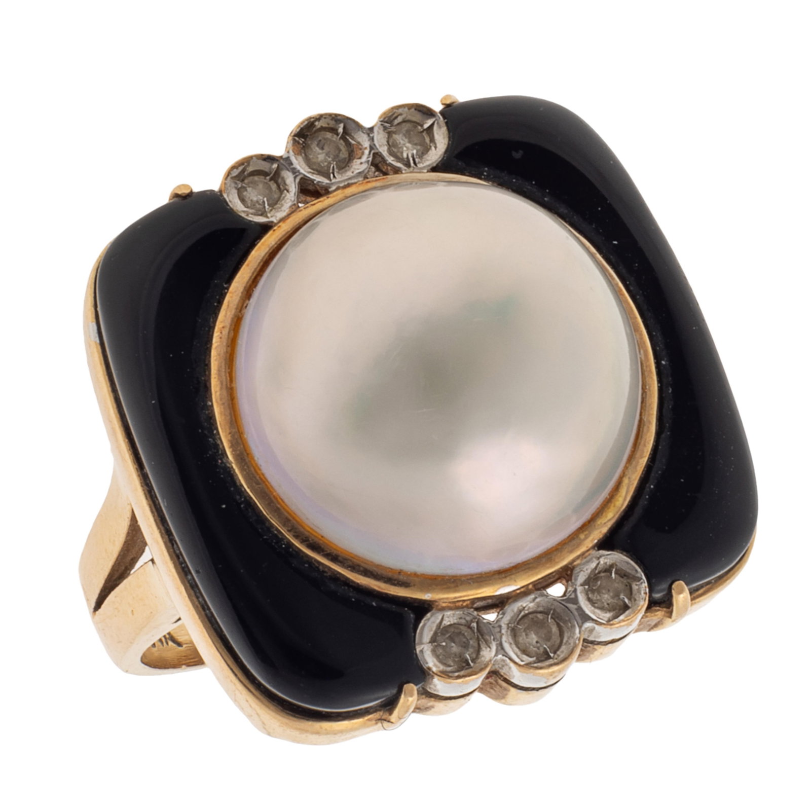 Diamond, Mabe Pearl, Onyx, 14k Yellow Gold Ring: Diamond, Mabe Pearl, Onyx, 14k Yellow Gold Ring Centering one round mabe cultured pearl framed by black onyx, highlighted by six single-cut diamonds weighing a total of approximately 0.03 cttw., set i