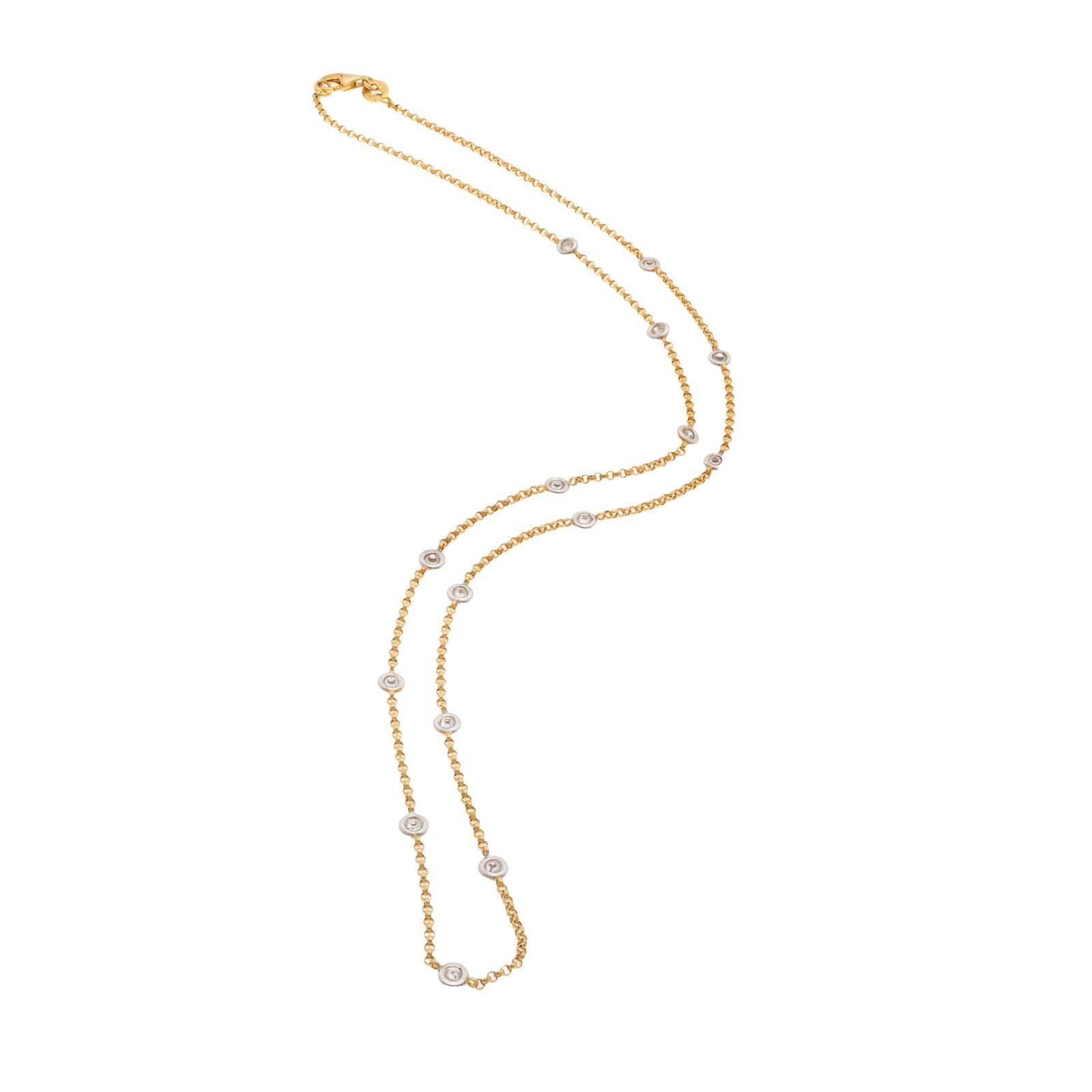 Diamond, 18k Yellow Gold Station Necklace: Diamond, 18k Yellow Gold Station Necklace Featuring fifteen round brilliant-cut diamonds weighing a total of approximately 0.45 cttw., set in white gold bezels joined to 18k yellow gold cable link cha