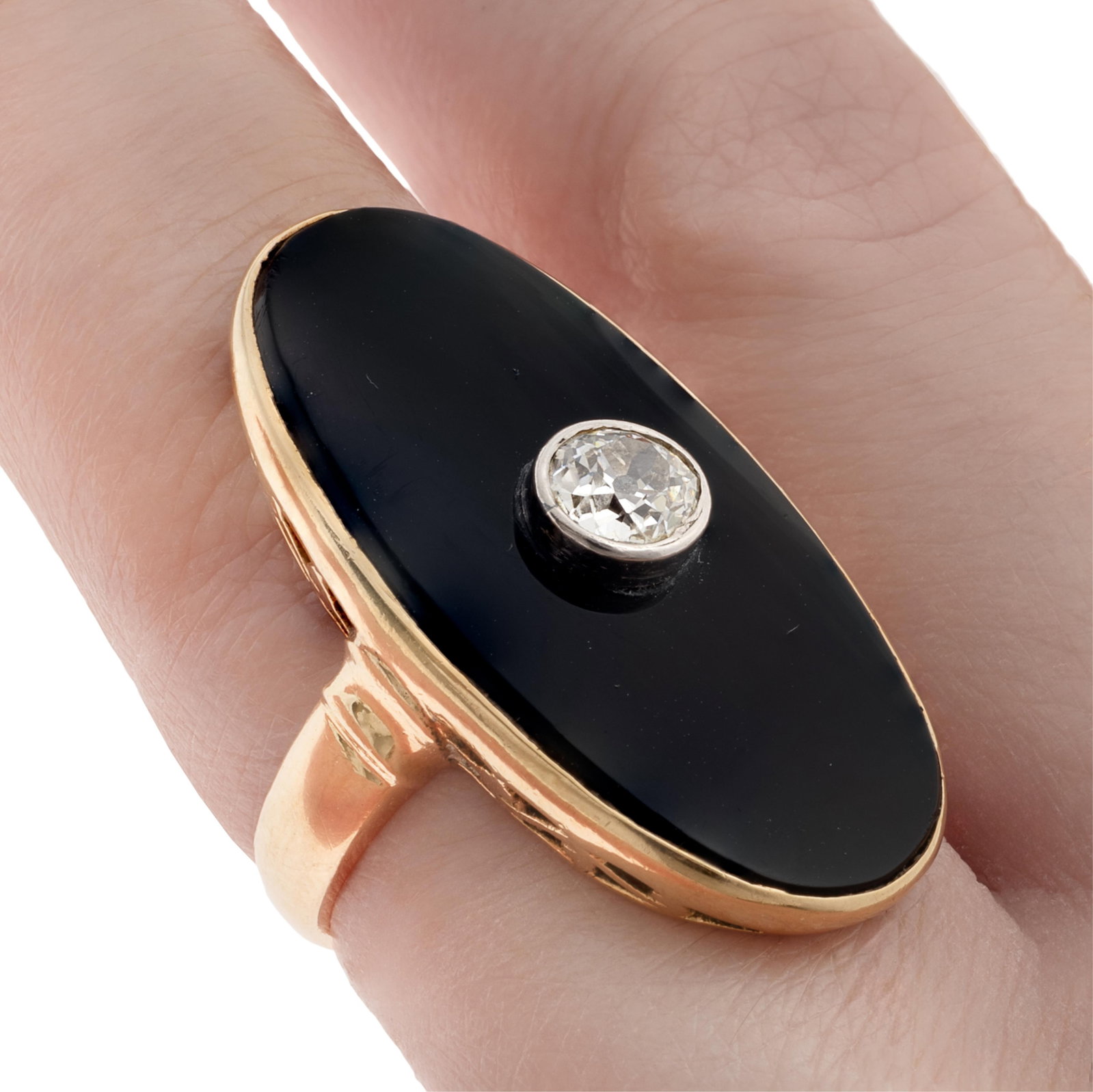 Art Deco Diamond, Onyx, 10k Yellow Gold Ring: Art Deco Diamond, Onyx, 10k Yellow Gold Ring Centering one old European-cut diamond weighing approximately 0.35 ct., framed within an oval onyx plaque set in a 10k yellow gold ring mounting, size 5 1/