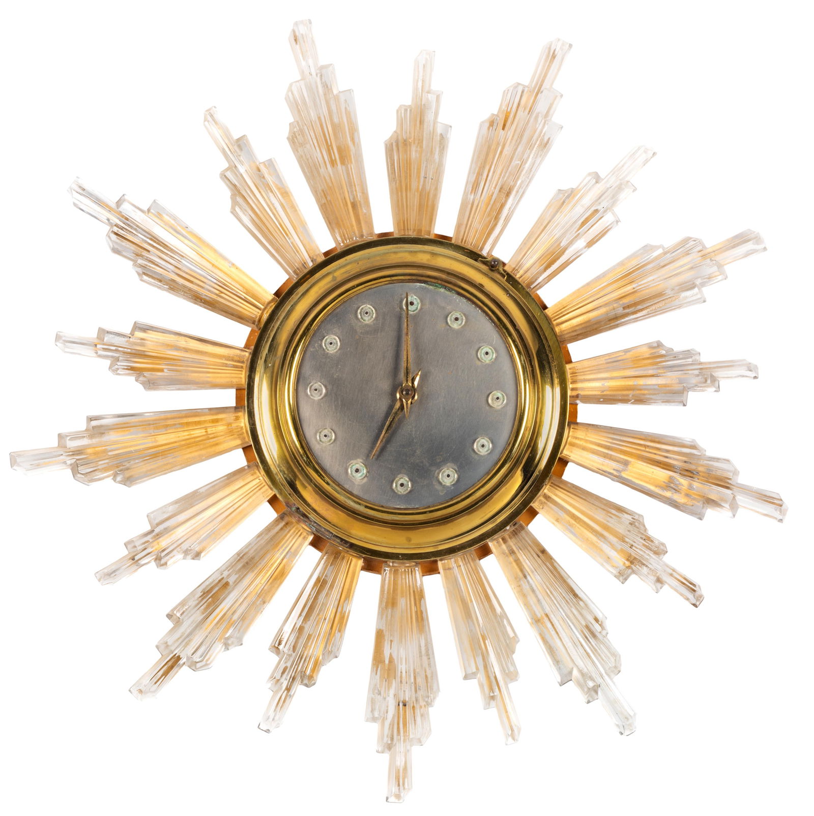 Art Deco Crystal and Brass Wall Clock: Art Deco Crystal and Brass Wall ClockGilt and crystal starburst design.21 in. (53 cm) d.Condition: Repair to one crystal