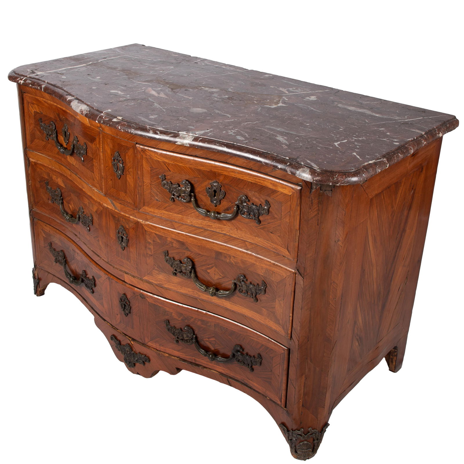 Louis XV Commode: Louis XV CommodeMid 18th Century.The Rose verona marble to above a serpentine case with two cross banded drawers over two long drawers, a shaped apron ending on cabriole legs.33 in. (84 cm) h.Conditio
