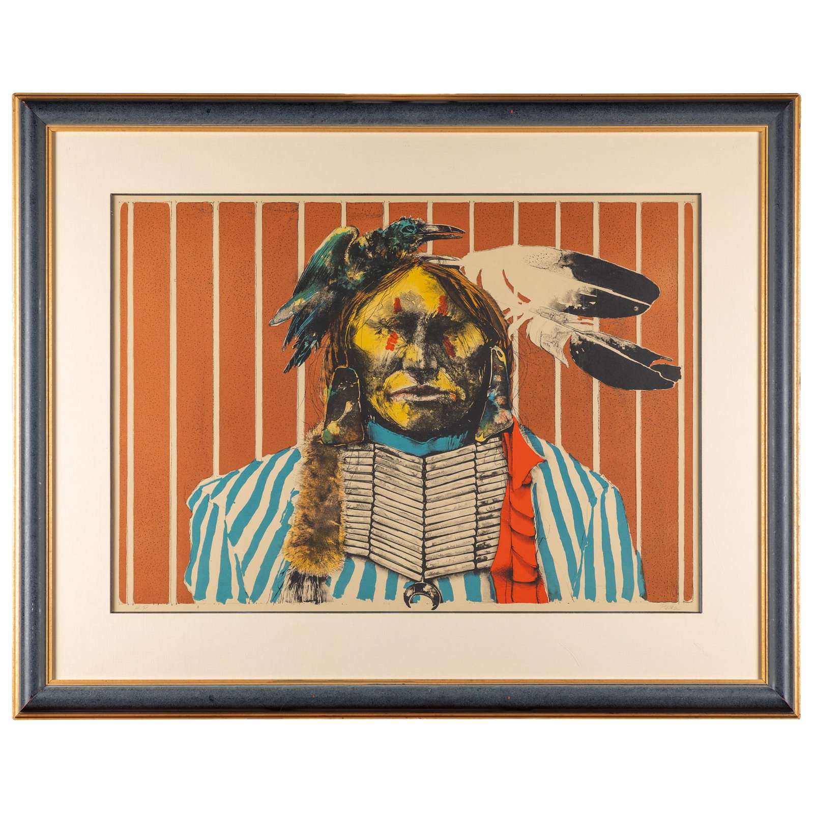 Paul Pletka (American, b. 1946).: Paul Pletka (American, b. 1946).Warrior with Two Feathers and Crow in Hair, circa 1979.Color lithograph, signed in pencil, annotated 'A.P. (aside from the edition of 80), printed by Steven Britko, Tam