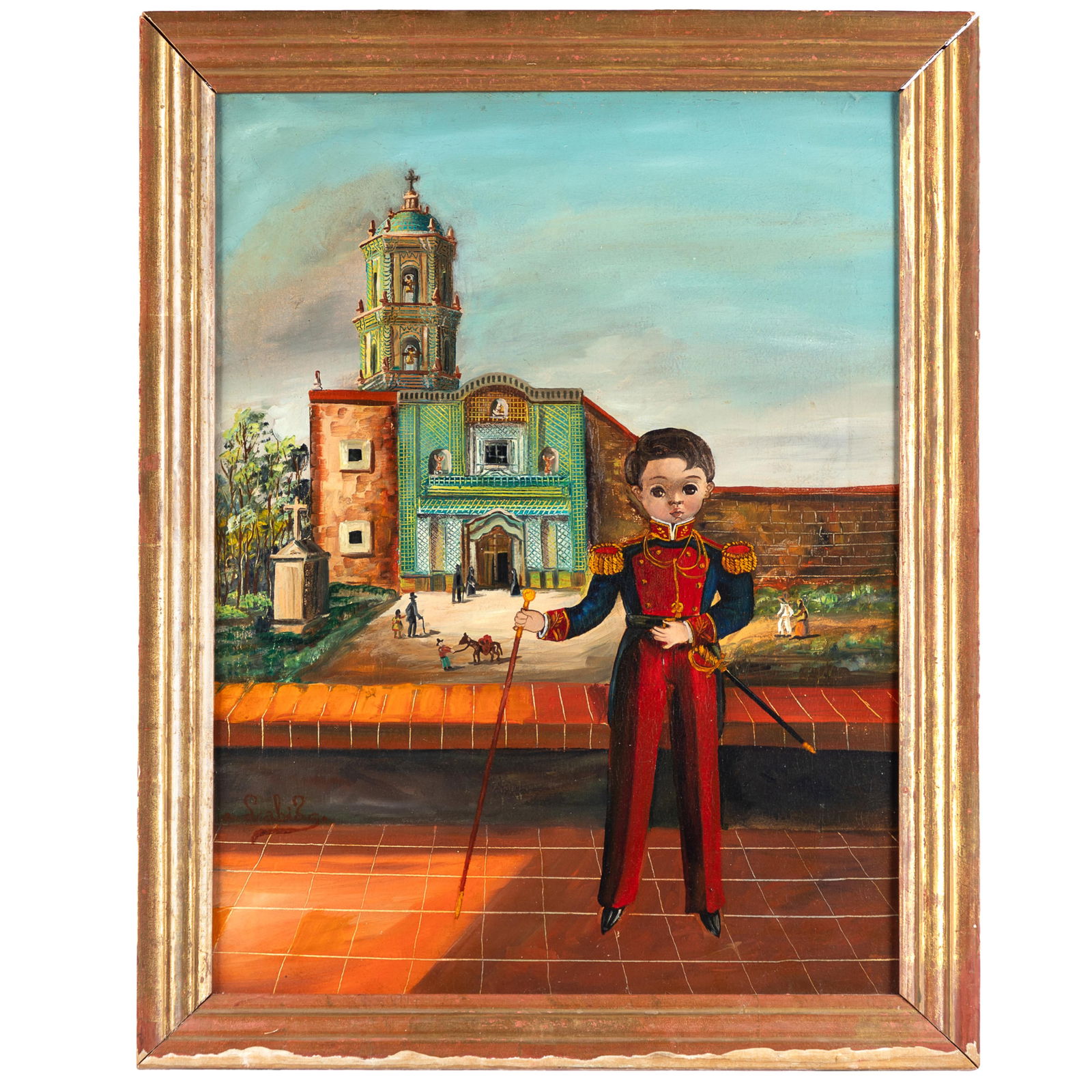 Agapito Labios (Mexican 1898-1996): Agapito Labios (Mexican 1898-1996)Young boy in front of Cathedral.Inscribed verso.Oil/gouache on canvas17 1/2in. x 23in (44cm. x 58cm)Framed: 28in. x 21in (72cm. x 53cm)Agapito Labios took an active p