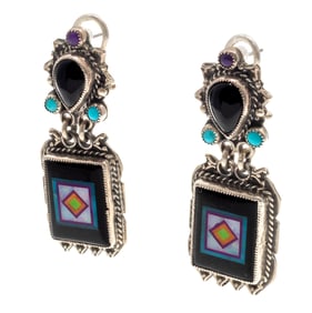 Pair of Multi-Stone, Sterling Silver Earring, Benny and Valerie Aldrich