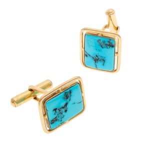 Pair of Turquoise, 14k Yellow Gold Cufflinks