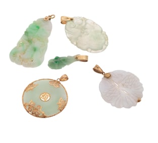 Group of Five Chinese Jade, 14k Pendants