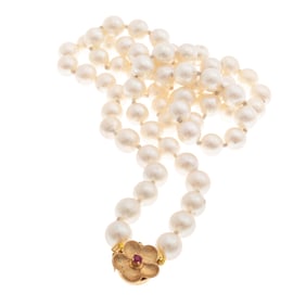 Cultured Pearl, Ruby, 14k Yellow Gold Necklace