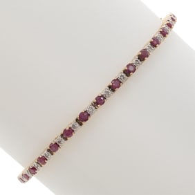 Ruby, Diamond, 14k Yellow and White Gold Line Bracelet