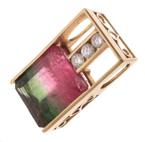 Bi-Colored Tourmaline, Diamond, 14k Pendant