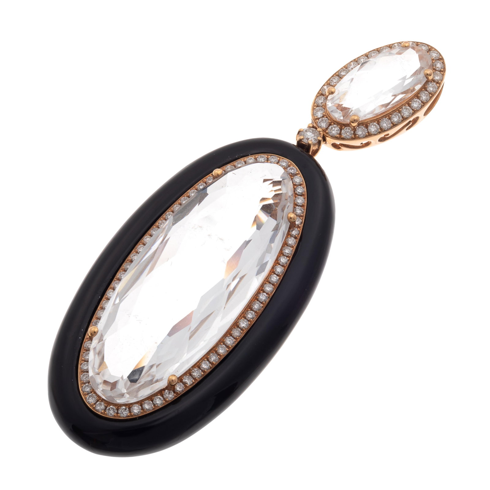 White Topaz, Diamond, Onyx, 18k Rose Gold Pendant: White Topaz, Diamond, Onyx, 18k Rose Gold Pendant Featuring two oval-cut white topaz weighing a total of approximately 22.29 cttw, within a black onyx frame, accented by one hundred fifty-four full-cu