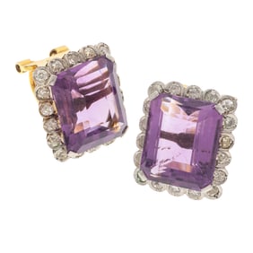 Pair of Amethyst, Diamond, 14k Yellow Gold Earrings