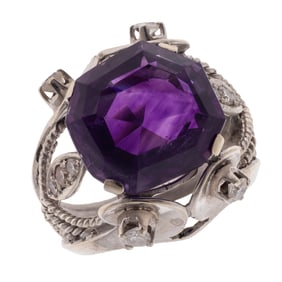 Amethyst, Diamond, 14k White Gold Ring