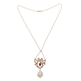 Garnet, Pearl, 14k Yellow Gold Necklace