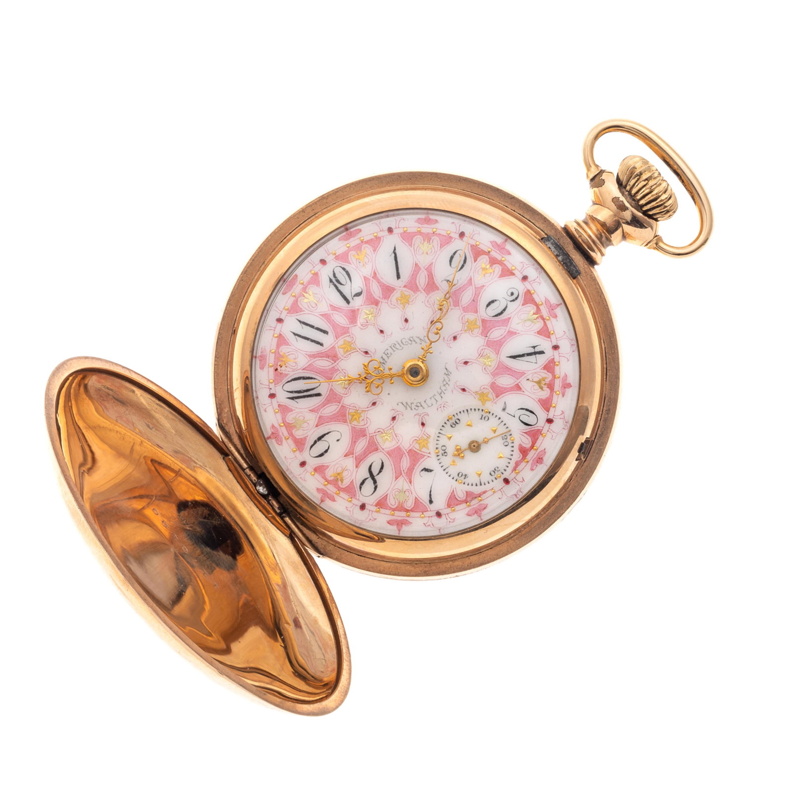 American Waltham, Gold-Filled Hunting Case Pocket Watch: American Waltham, Gold-Filled Hunting Case Pocket Watch DIAL: Round, porcelain with polychrome enamel, gilt and red stones, black Arabic hour markers, gilt outer minutes track, gold-tone Louis XIV han
