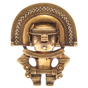 Pre-Columbian Tairona Culture Gold Masked Figure Pendant