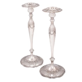 Pair Shreve & Co Art Nouveau Sterling Silver Candlesticks, Marie Louise Pattern