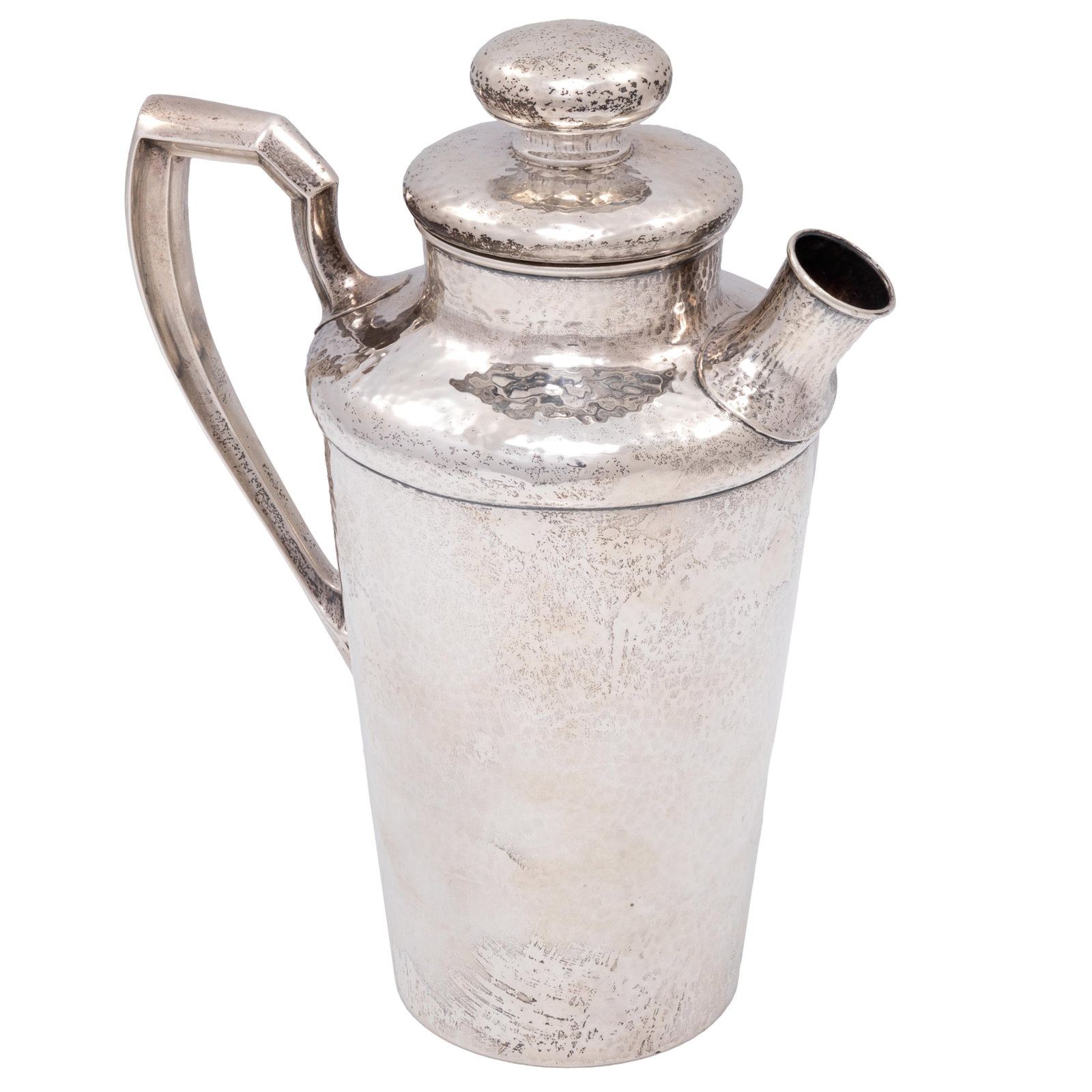International Sterling Silver Cocktail Shaker: International Sterling Silver Cocktail Shaker Hand Hammered. The Neoclassical tapering form with outset handle. Marked: International Sterling 162 B 3 pints. 10in. (25cm) 663 grams