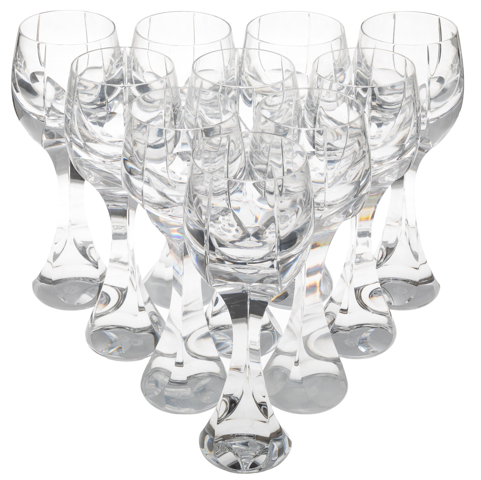 Baccarat Crystal Neptune Pattern Claret Wine Glass: Baccarat Crystal Neptune Pattern Claret Wine Glass Ten Pieces Ten Goblets, each designed with a rounded base issuing a three sided stem rising to bowls with stem edges dividing, and continuing to the 