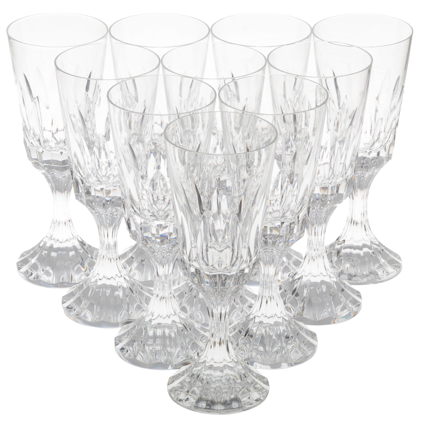 Baccarat Crystal Massena Pattern Goblets: Baccarat Crystal Massena Pattern GobletsTen goblets, with deep bevel cut from base continuing to stem and bowl,France7 in. h.Condition: Good, no chips or cracks