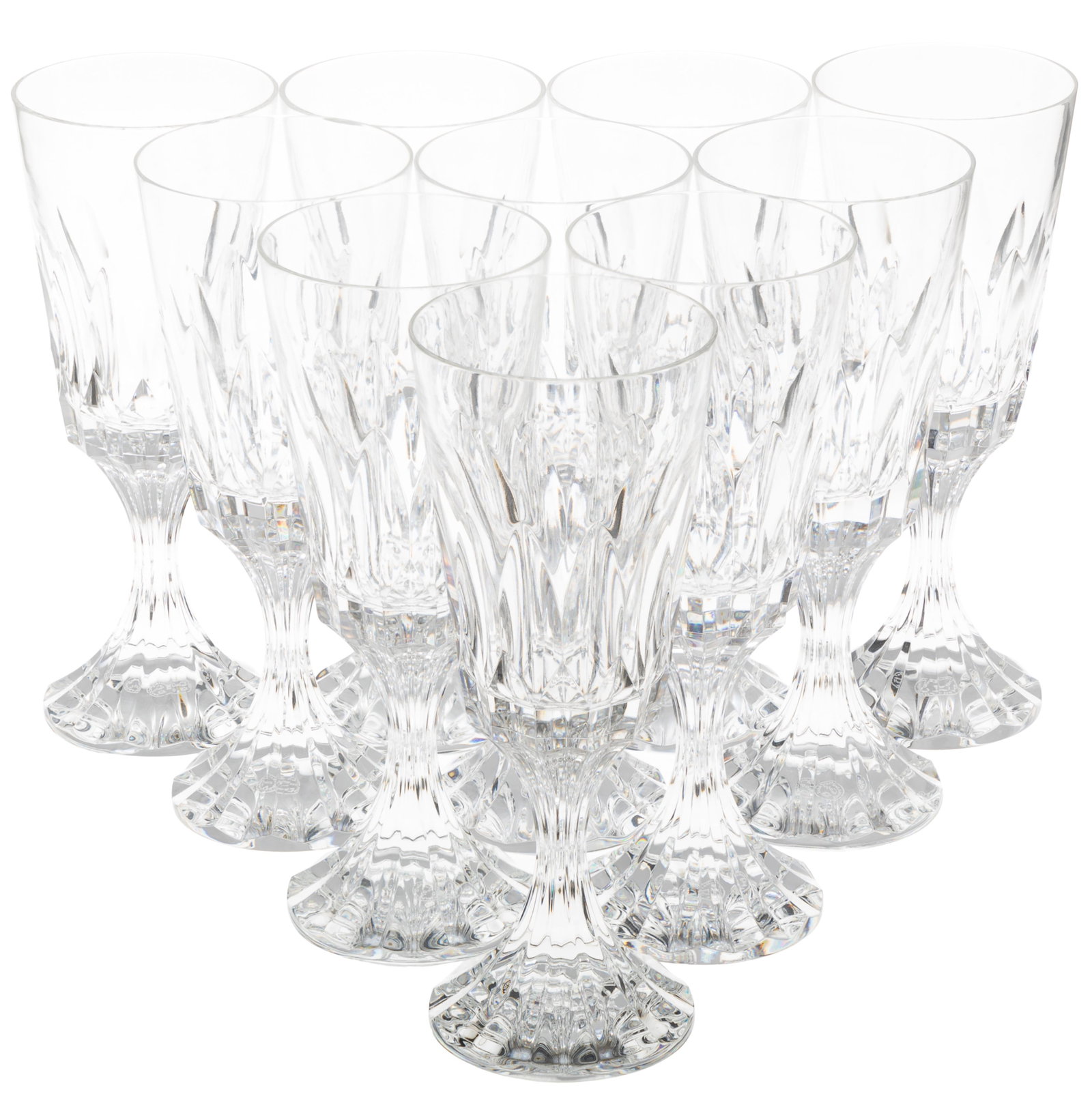 Baccarat Crystal Massena White Wine Glasses: Baccarat Crystal Massena White Wine Glasses France Ten Goblets, Ten goblets, with deep bevel cut from base continuing to stem and bowl. 6-1/4 in. (15cm) h. Condition: Good, no chips or cracks