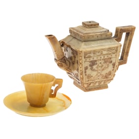 Kang Xi Style Hardstone Teapot, Cup and Saucer