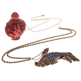 Collection of Two Chinese, Enamel, Cinnabar Necklaces