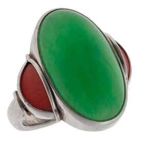Jade, Coral, Platinum Ring