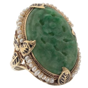 Art Deco Jade, Seed Pearl, 14k Yellow Gold Ring