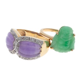 Collection of Two Jade, 14k Yellow Gold Rings